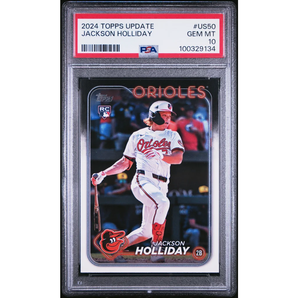 PSA graded Jackson Holliday 2024 Topps Update rookie baseball card on display