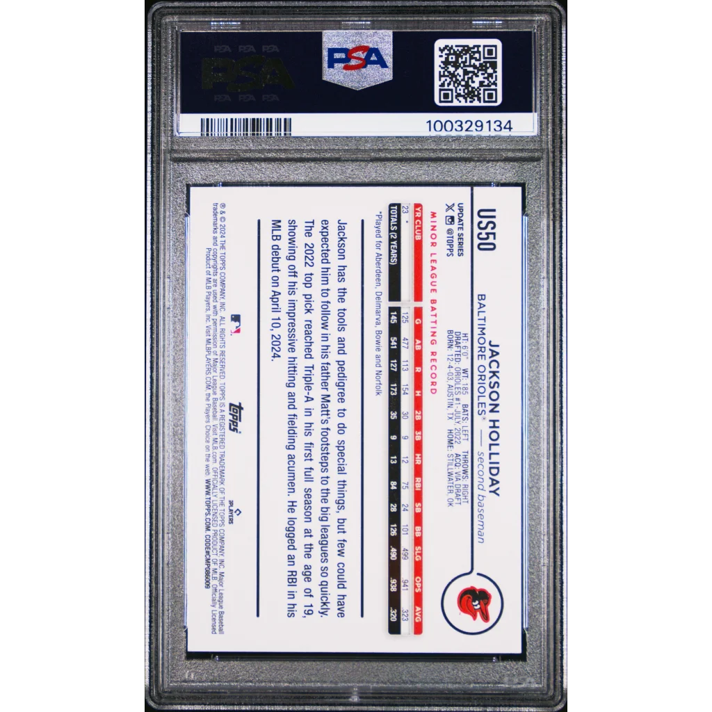 A graded Jackson Holliday 2024 Topps Update Rookie Card in PSA case