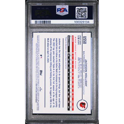 A graded Jackson Holliday 2024 Topps Update Rookie Card in PSA case
