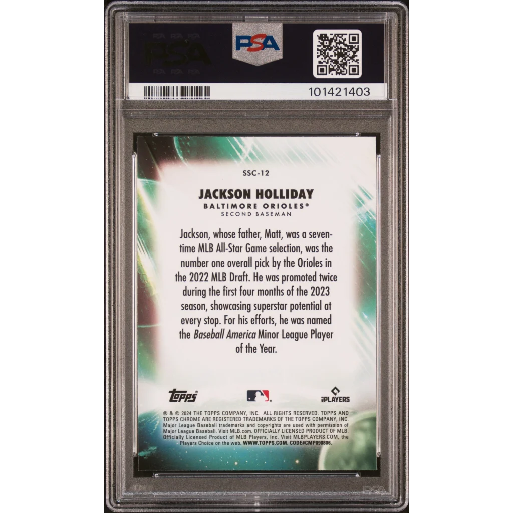 Graded Jackson Holliday Stratospheric Stars Chrome Baseball Card in PSA holder