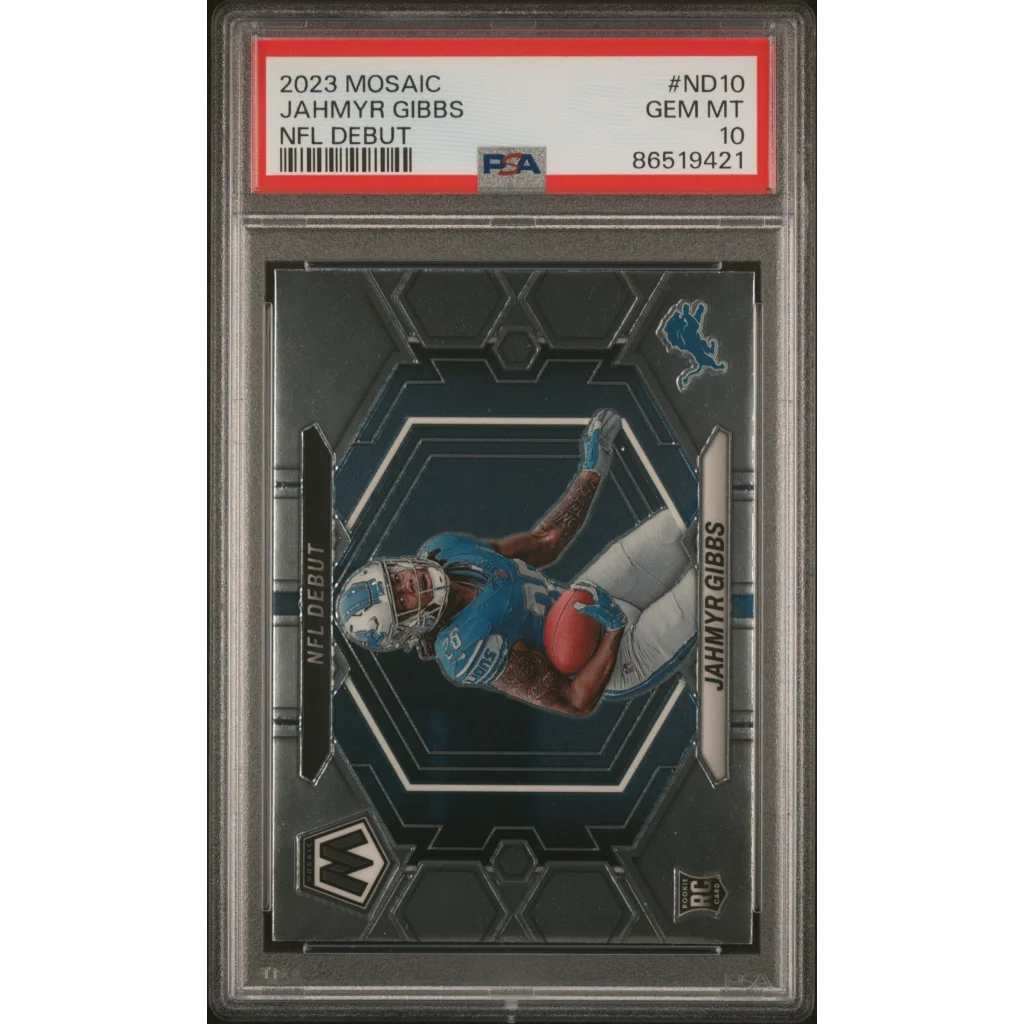 2023 Mosaic Jahmyr Gibbs NFL Debut Card with holographic silver and black design
