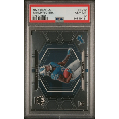 2023 Mosaic Jahmyr Gibbs NFL Debut Card with holographic silver and black design