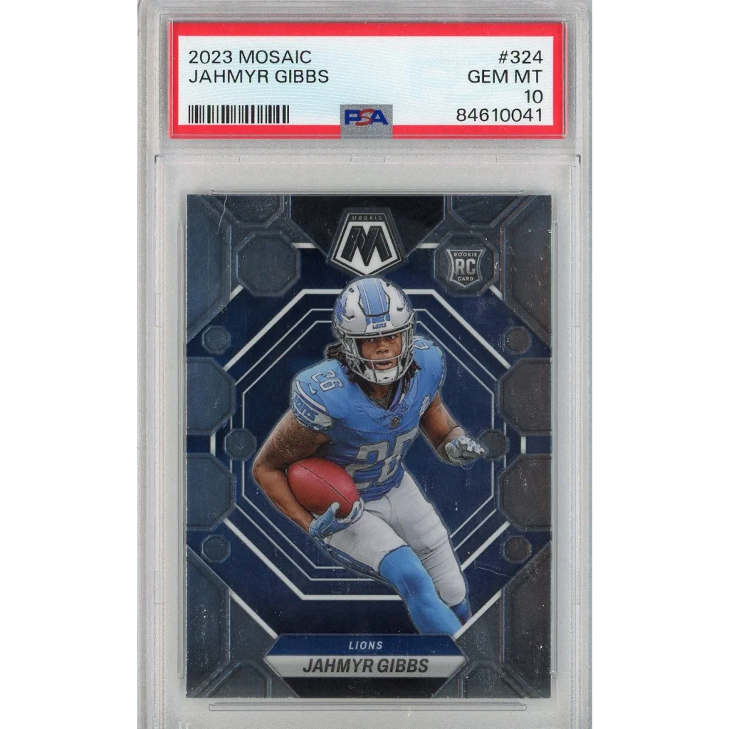PSA Graded Jahmyr Gibbs 2023 Mosaic Rookie Card Blue White Action Pose