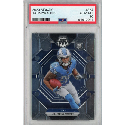PSA Graded Jahmyr Gibbs 2023 Mosaic Rookie Card Blue White Action Pose