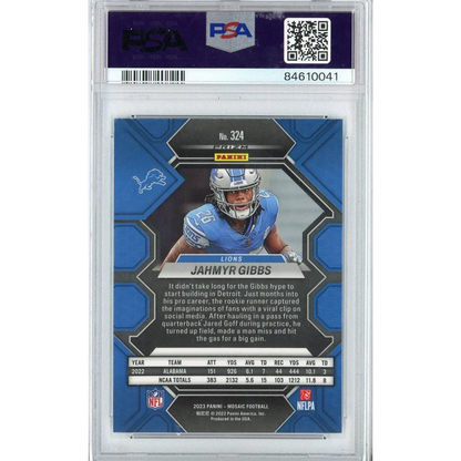 PSA graded Jahmyr Gibbs 2023 Mosaic rookie card blue white action