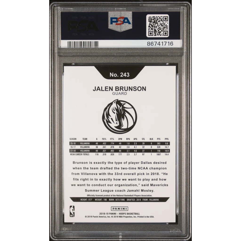 Graded Jalen Brunson 2018 Panini Hoops Rookie Card on display