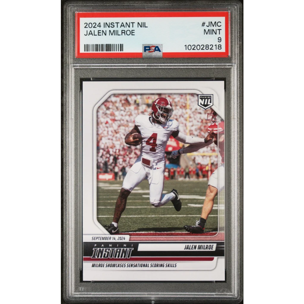 A graded 2024 Panini Instant Jalen Milroe football card in PSA holder