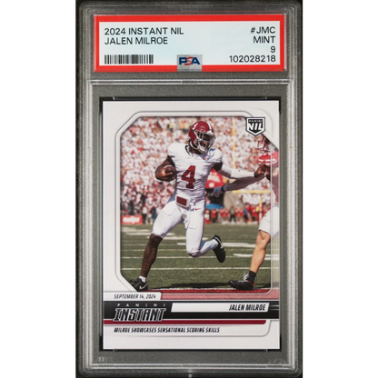 A graded 2024 Panini Instant Jalen Milroe football card in PSA holder
