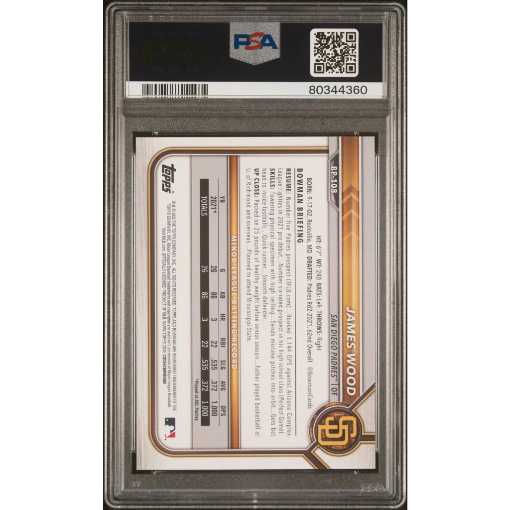 PSA graded James Wood 2022 Bowman Paper Prospects baseball trading card