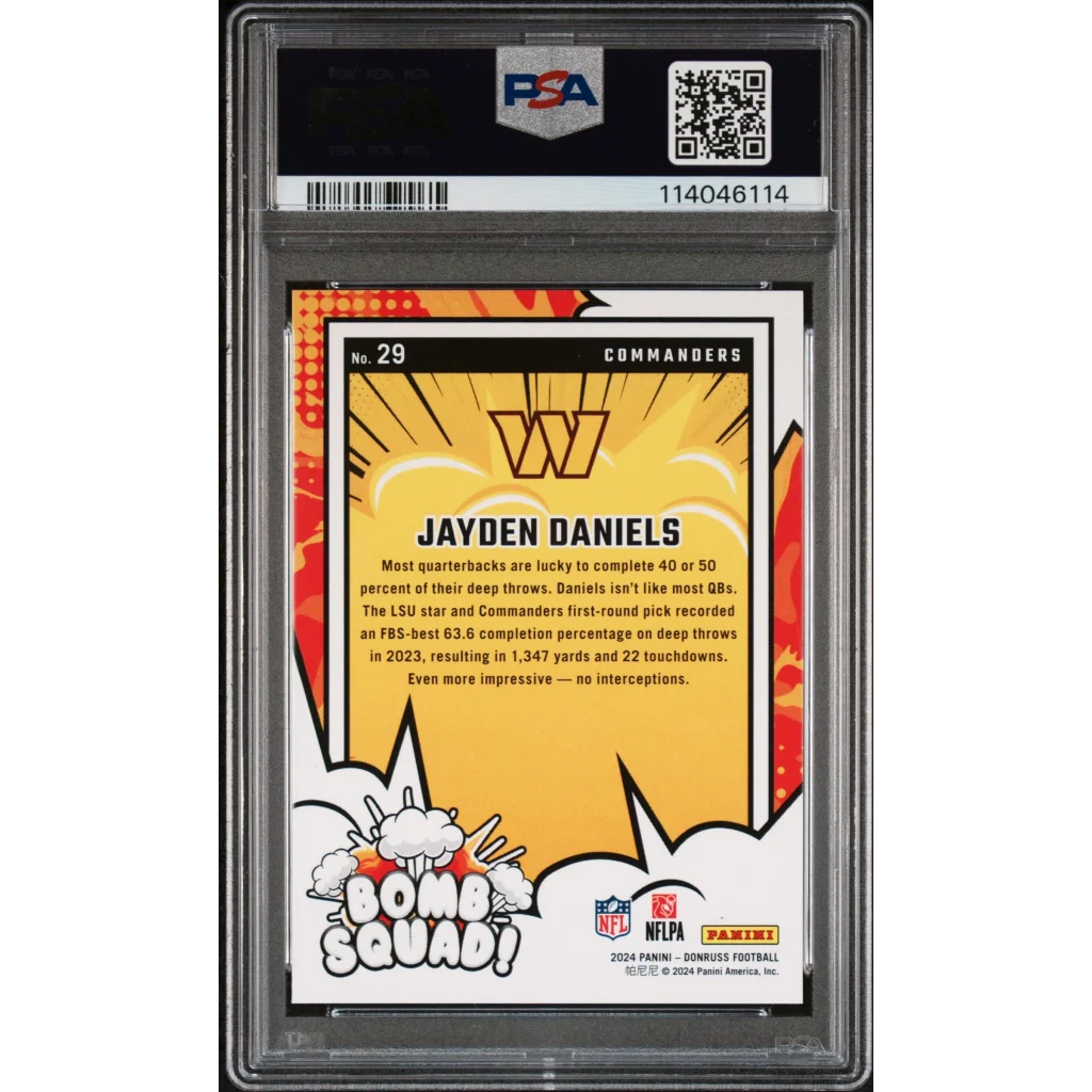 PSA Graded Jayden Daniels Bomb Squad 2024 Donruss Football Card on display