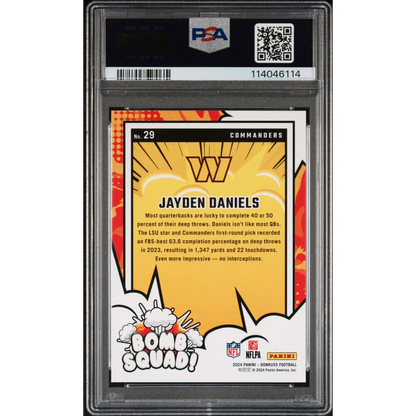 PSA Graded Jayden Daniels Bomb Squad 2024 Donruss Football Card on display