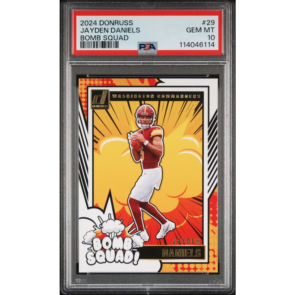 PSA Graded Jayden Daniels Bomb Squad 2024 Donruss Football Card on display