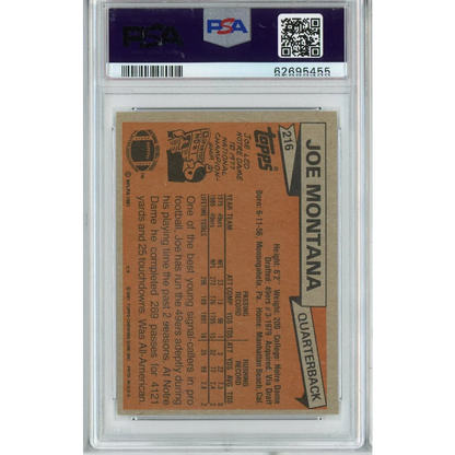 PSA graded 1987 Topps Joe Montana football card orange white design