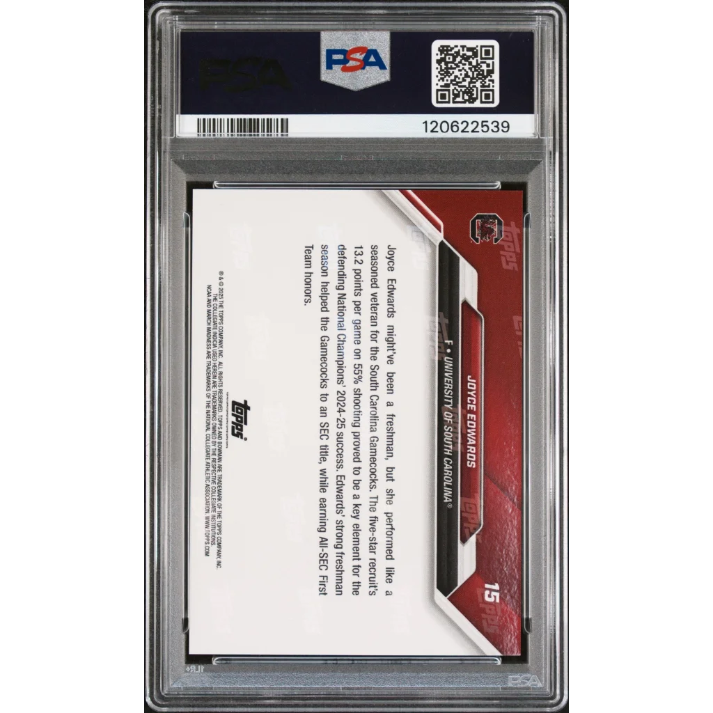 PSA graded Joyce Edwards 2025 Bowman #15 baseball card in red white design encased in plastic