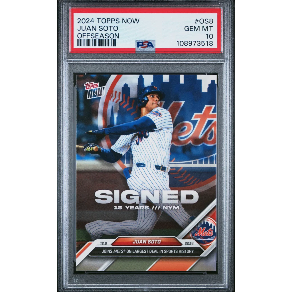 Graded Juan Soto Mets baseball card in PSA case showing team and player details