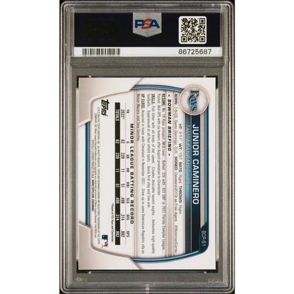A graded Junior Caminero 2023 Bowman Chrome Baseball Card in PSA case