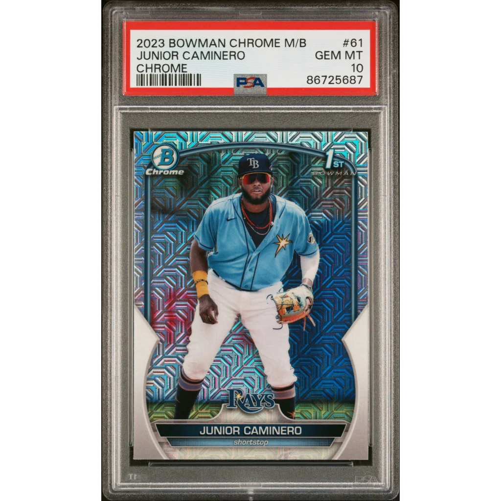 PSA graded Junior Caminero 2023 Bowman Chrome baseball card showing quality and details