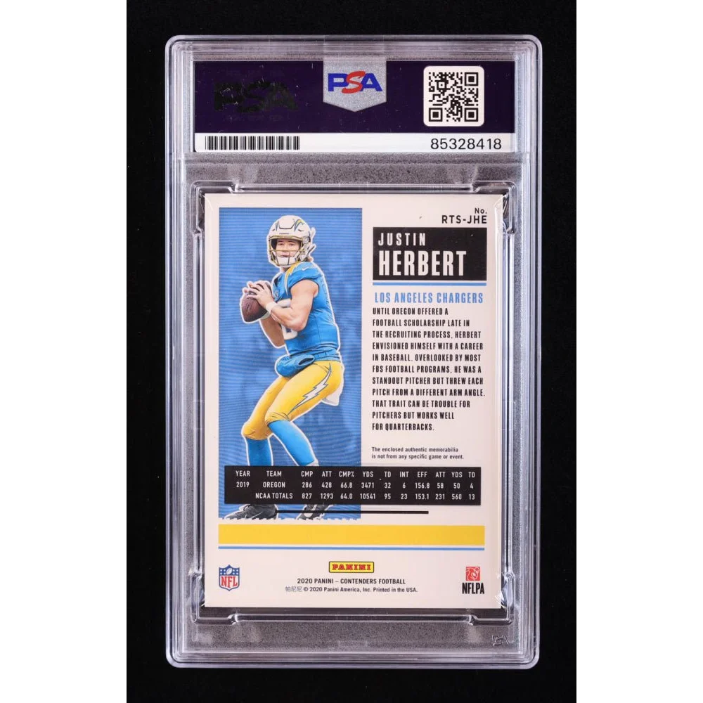 Justin Herbert rookie football card in PSA graded and authenticated signed edition