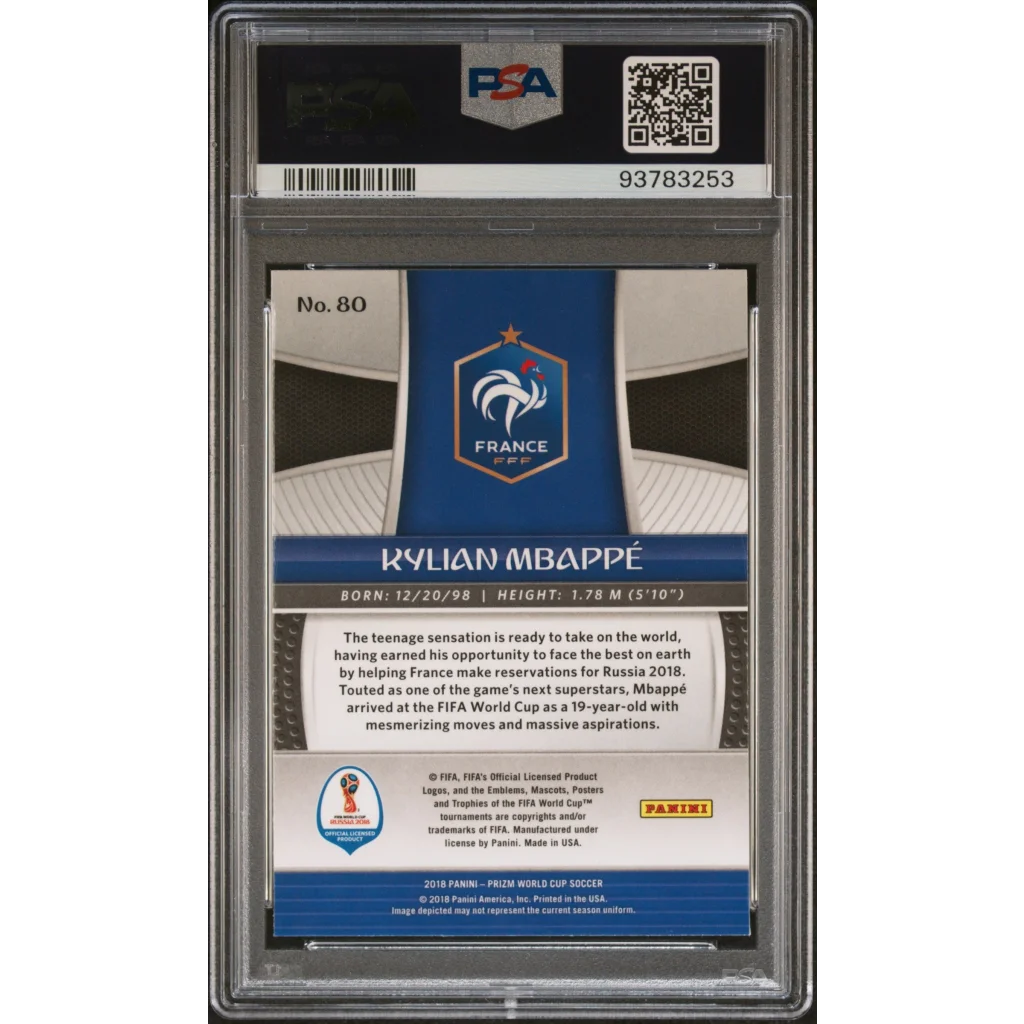 PSA graded Kylian Mbappé 2018 Panini Prizm soccer trading card on display