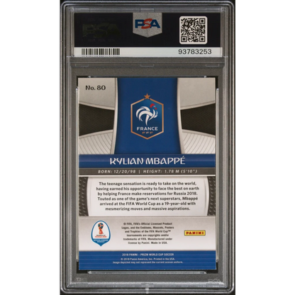PSA graded Kylian Mbappé 2018 Panini Prizm soccer trading card on display