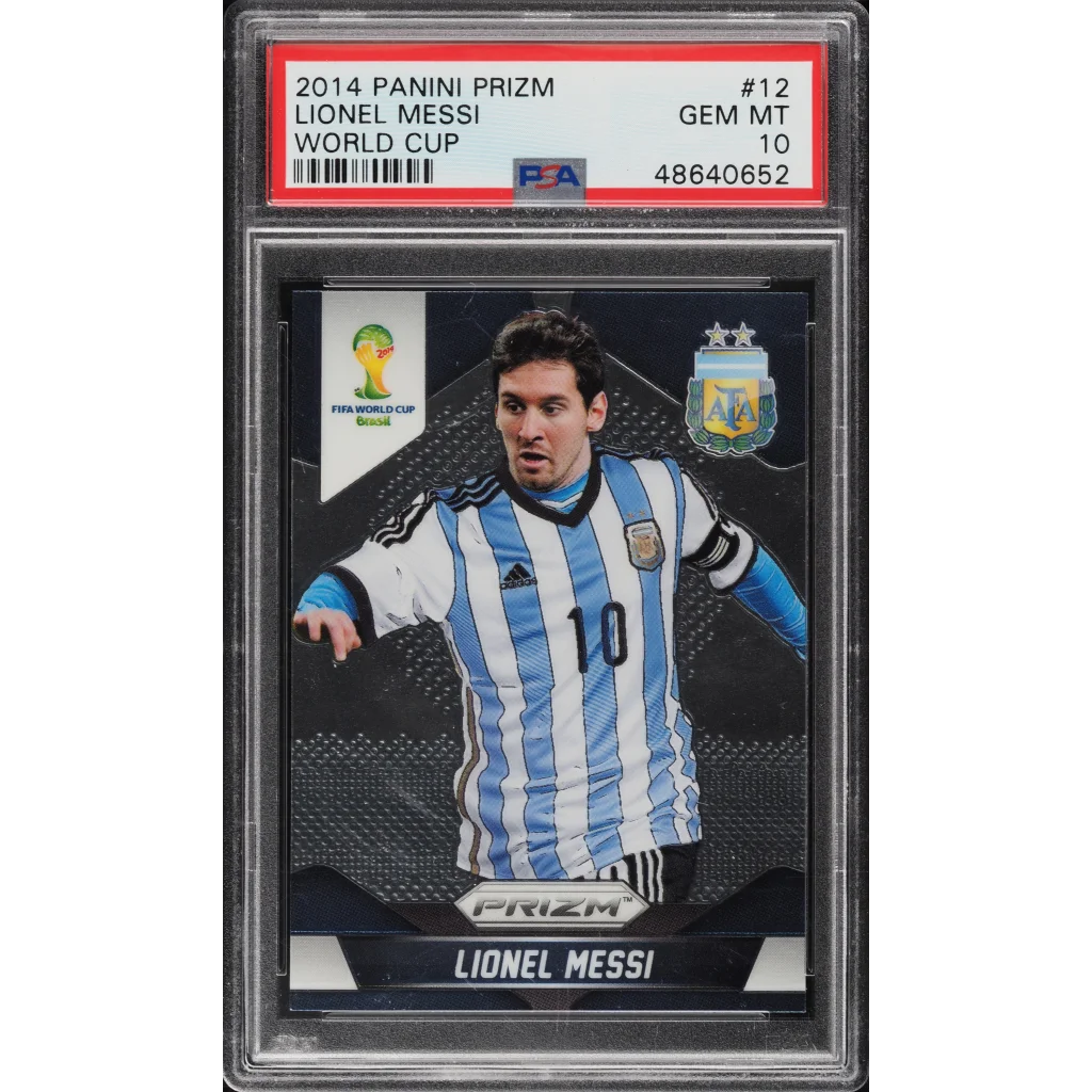 A graded 2014 Panini Prizm Lionel Messi World Cup soccer card in PSA case