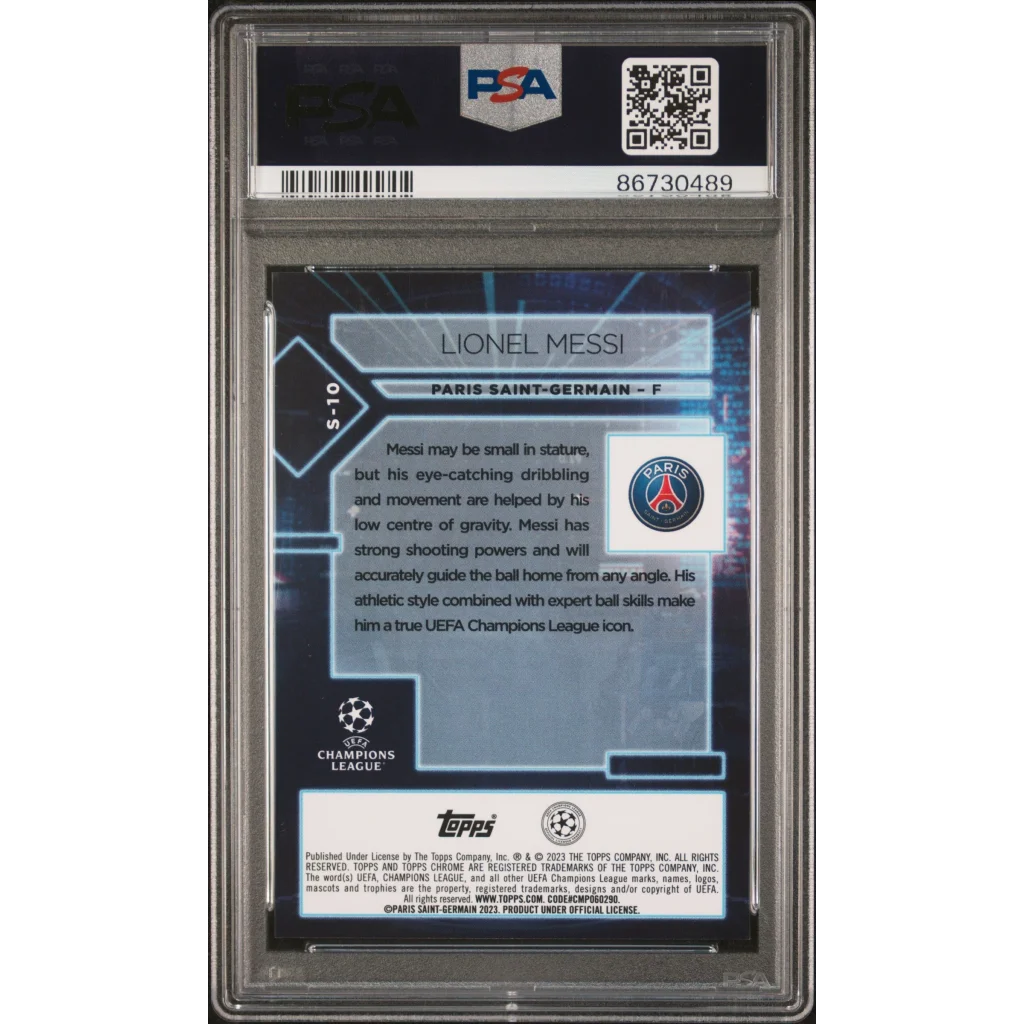 PSA graded Lionel Messi 2022 Topps Chrome UEFA specimen soccer card