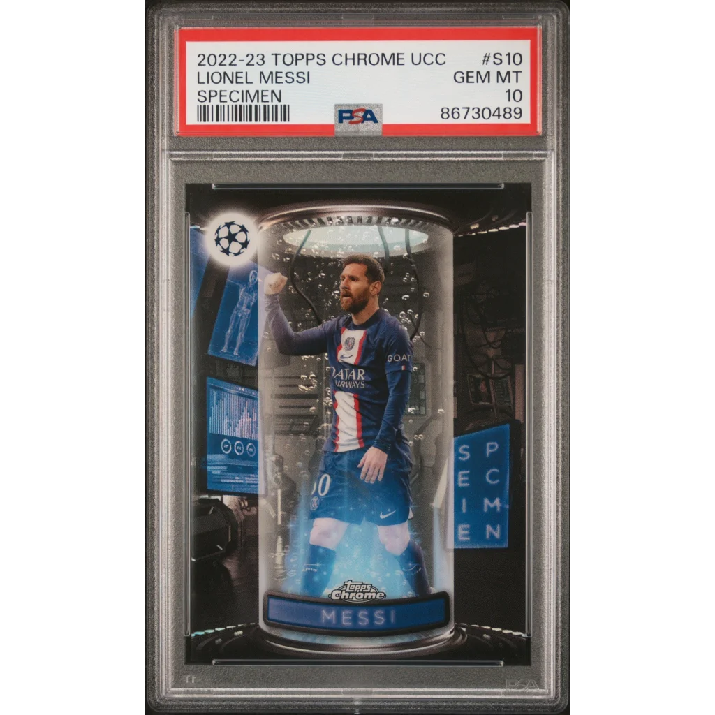 PSA graded Lionel Messi 2022 Topps Chrome UEFA specimen card