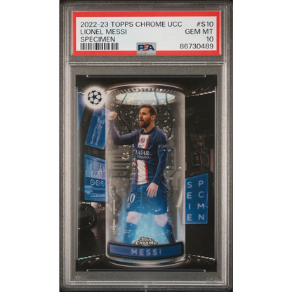 PSA graded Lionel Messi 2022 Topps Chrome UEFA specimen card