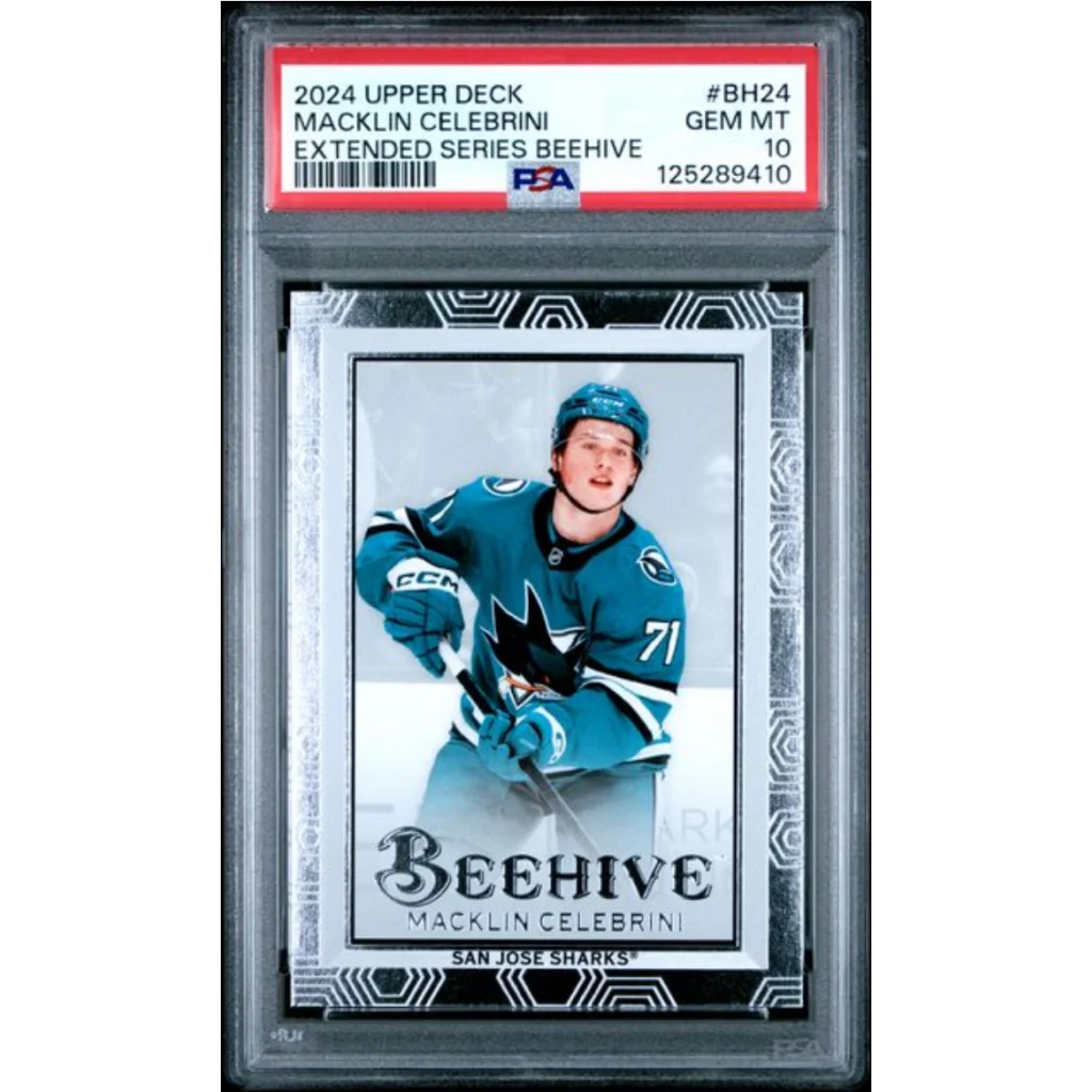PSA graded Macklin Celebrini 2024 Upper Deck Sharks rookie card
