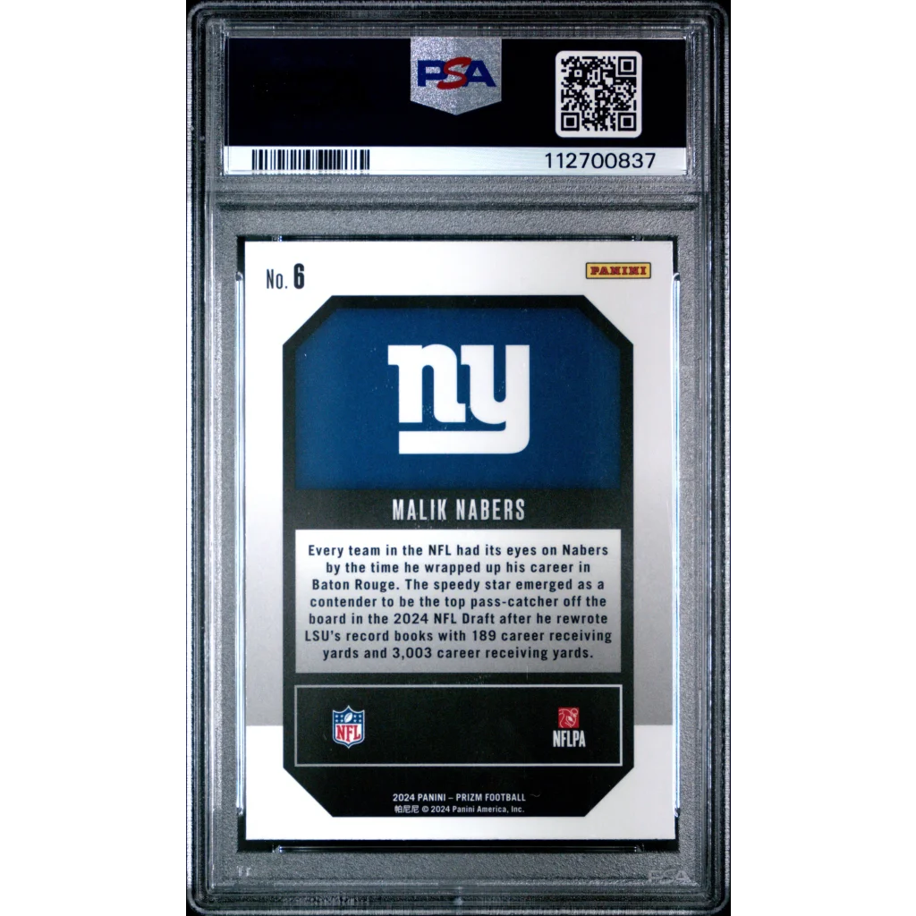 PSA Graded Malik Nabers 2024 Panini Prizm Emergent Rookie Card on display