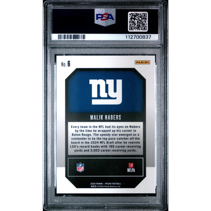 PSA Graded Malik Nabers 2024 Panini Prizm Emergent Rookie Card on display