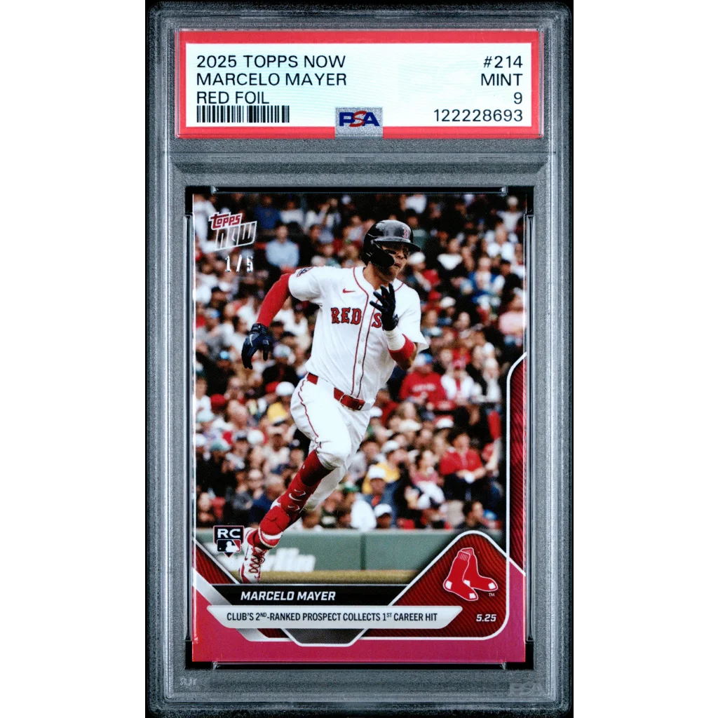 PSA graded 2025 Topps Now Marcelo Mayer red foil baseball card #214