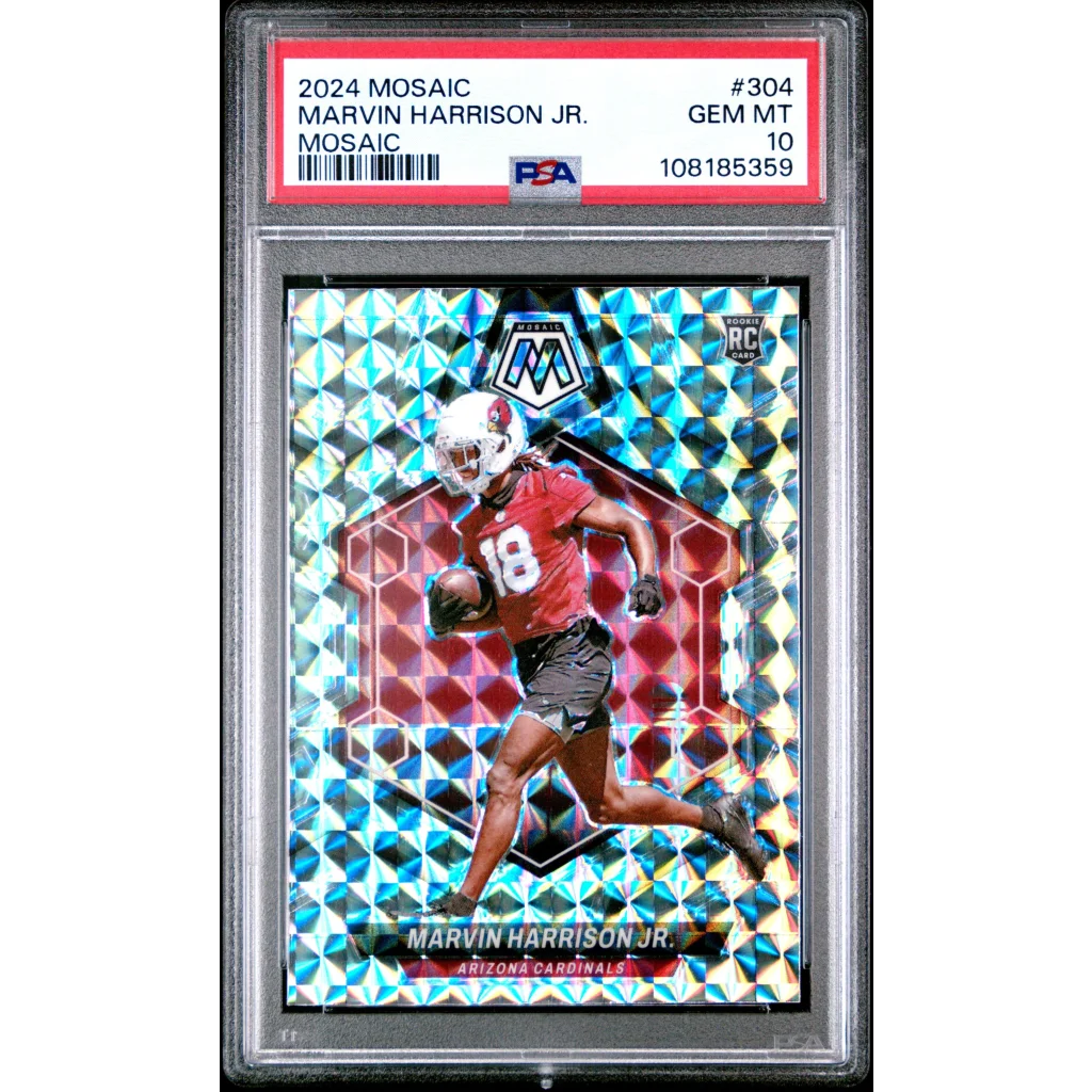 A graded 2024 Mosaic Marvin Harrison Jr. football card in PSA holder