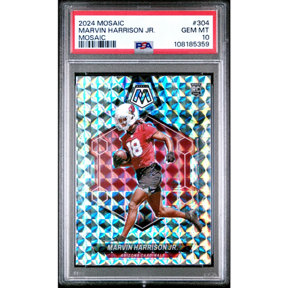 A graded 2024 Mosaic Marvin Harrison Jr. football card in PSA holder