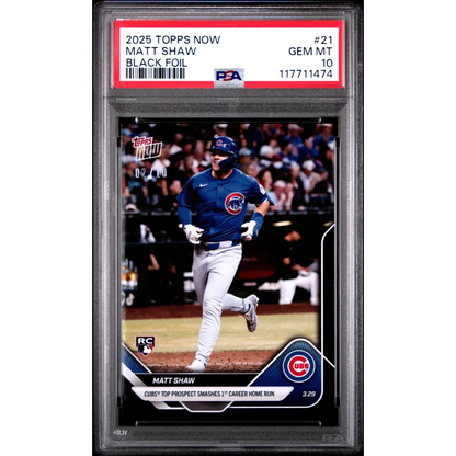 PSA graded 2025 Topps Now Matt Shaw black foil baseball card