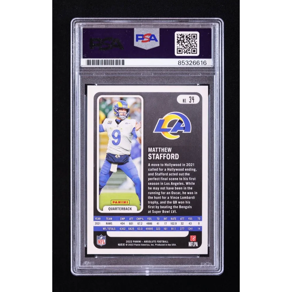 Graded Matthew Stafford football card with autograph in PSA case for collectors