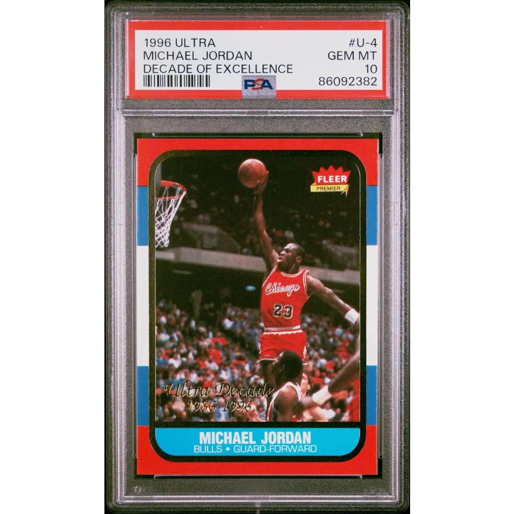 1996 Ultra Michael Jordan Decade of Excellence card, vibrant red blue design