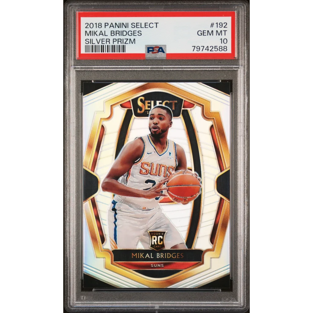 PSA graded Mikal Bridges 2018 Silver Prizm rookie basketball card on display