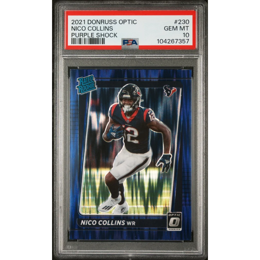 PSA graded 2021 Donruss Optic Nico Collins purple shock rookie card #230