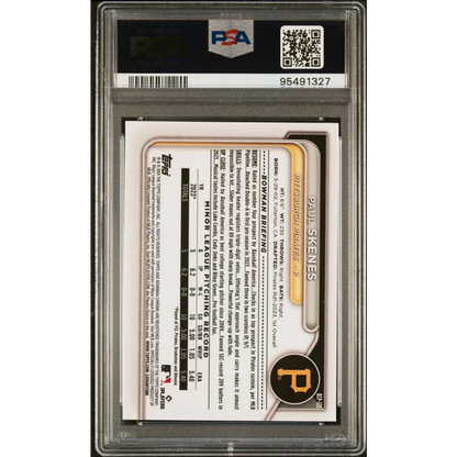 PSA Graded Paul Skenes 2024 Bowman Chrome Pirates Rookie Card with gold black design and Pirates logo