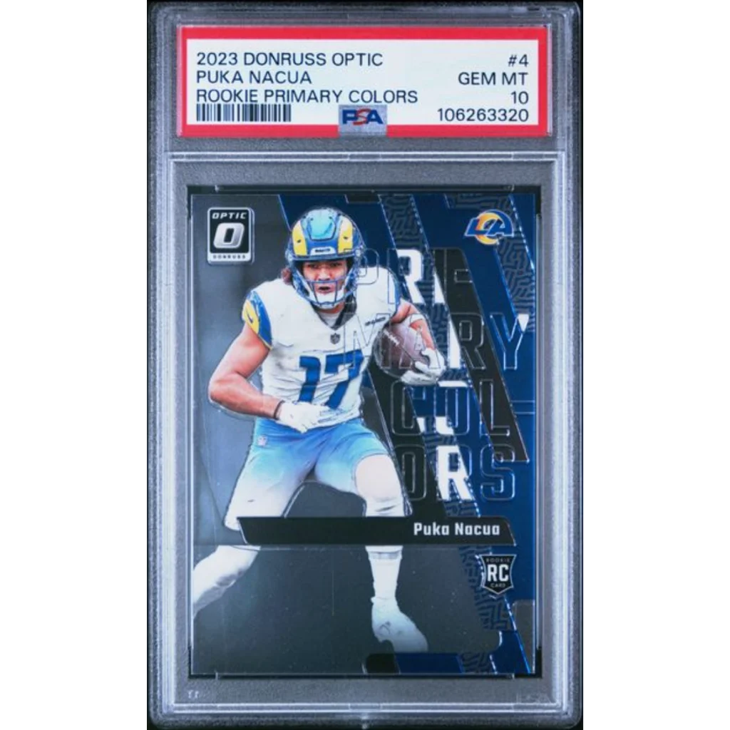 PSA graded Puka Nacua 2023 Donruss Optic rookie card in blue white
