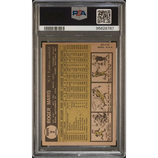 PSA graded 1962 Topps Roger Maris card #2 VG 3