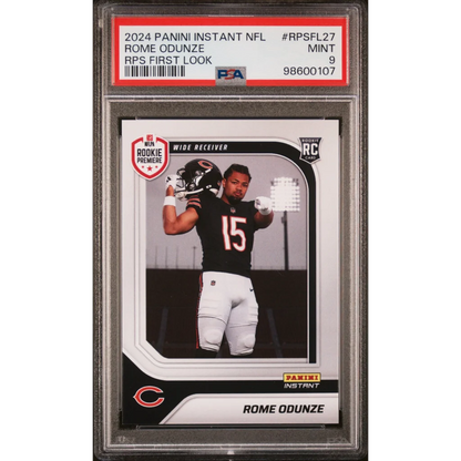 PSA Graded 2024 Panini Instant NFL Rome Odunze rookie card on display