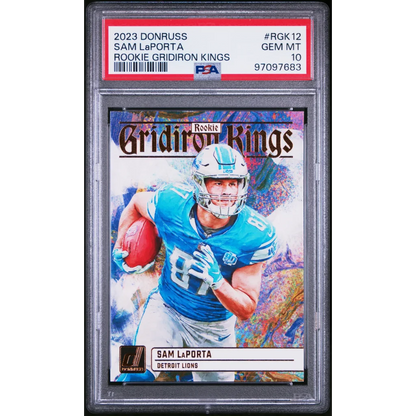 PSA graded 2023 Donruss Gridiron Kings Sam LaPorta rookie card in mint condition