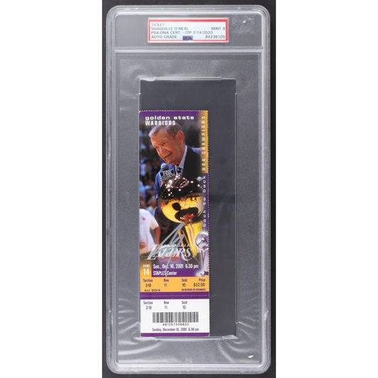 Graded and encapsulated NBA game ticket with Shaquille O Neal autograph from 2001 Lakers game