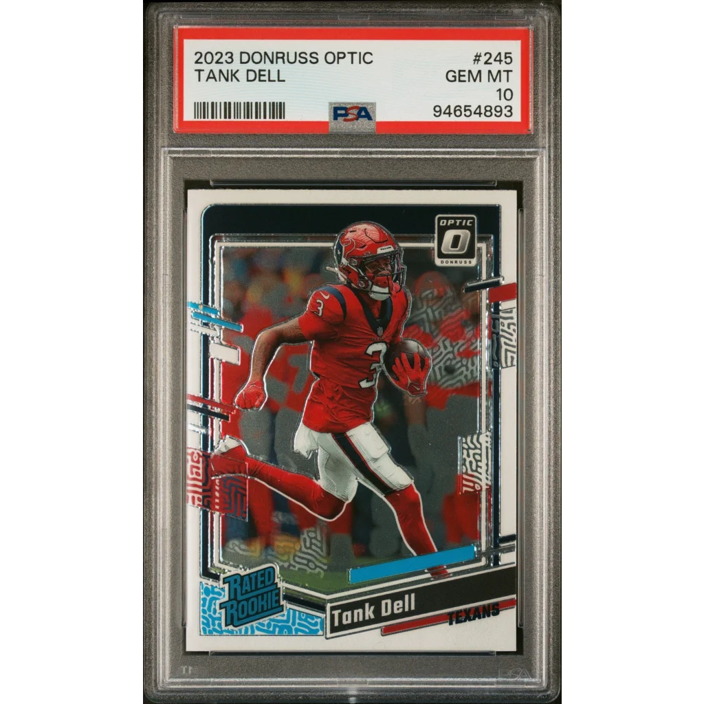 PSA Graded 2023 Donruss Optic Tank Dell Football Rookie Card on display