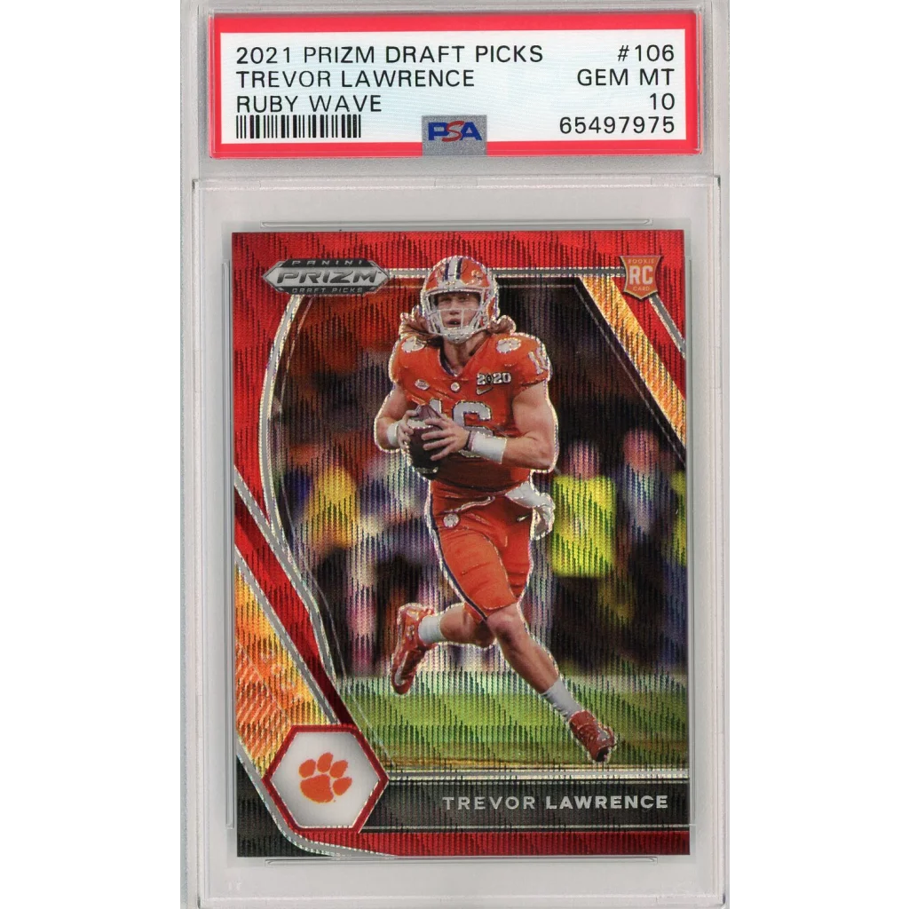 PSA graded Trevor Lawrence Ruby Wave Prizm Rookie Card 2021 Draft Picks football card