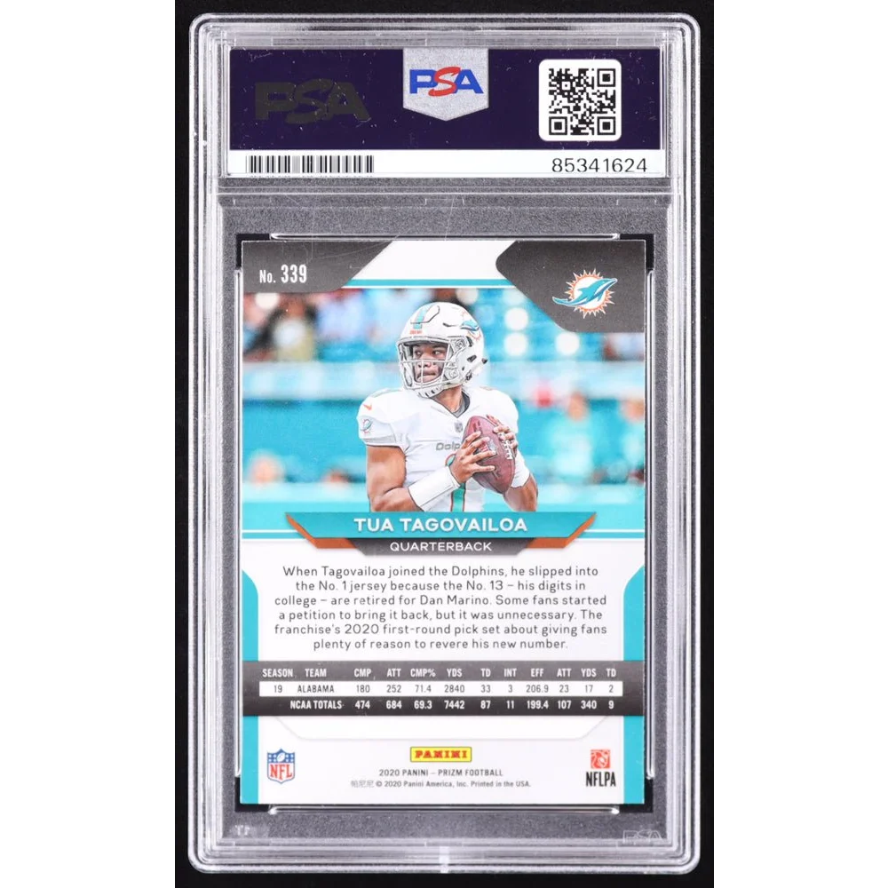 Graded Tua Tagovailoa rookie football card with authentic autograph in PSA case