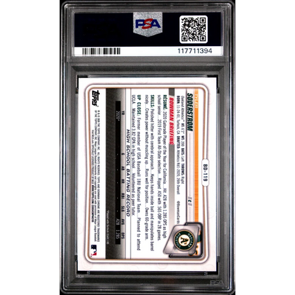 PSA graded Tyler Soderstrom 2020 Bowman Chrome rookie card with black and white Oakland Athletics design