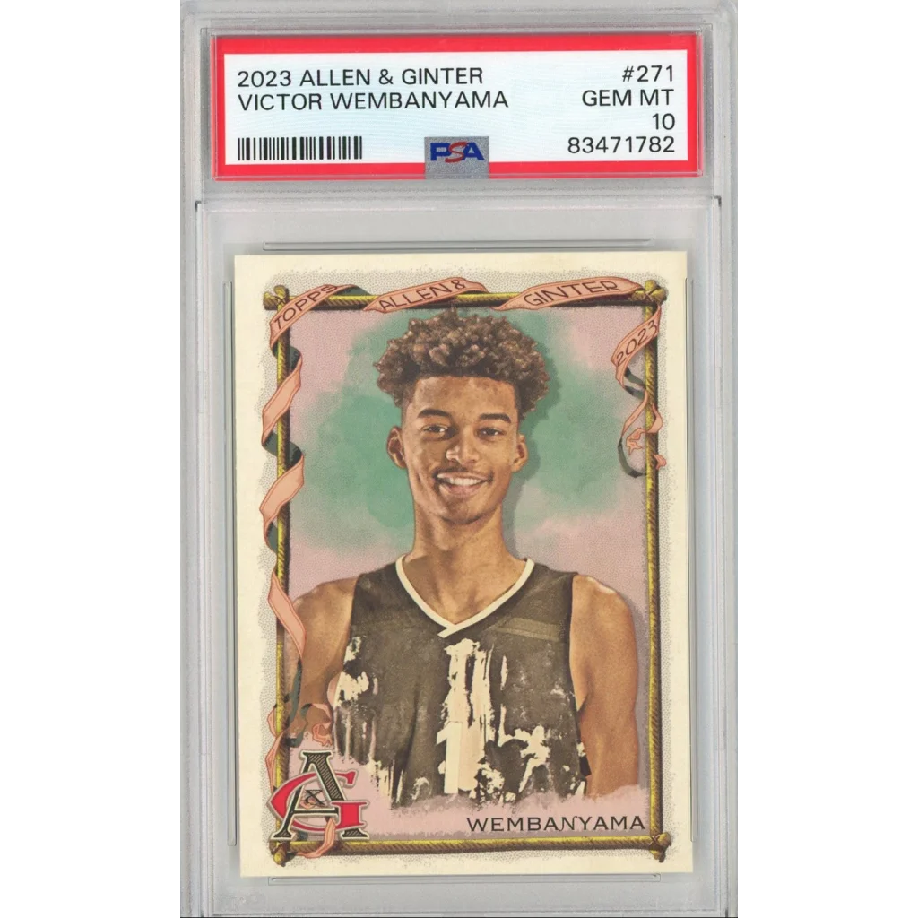 PSA graded 2023 Allen & Ginter Victor Wembanyama basketball card on display